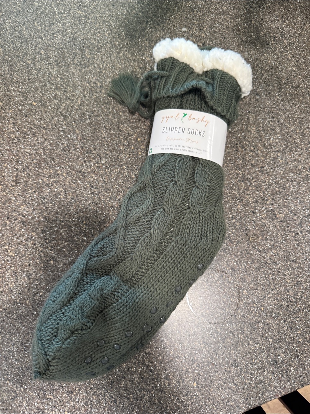 Cozy Slipper Socks - Olive Cable Knit with Sherpa Lining